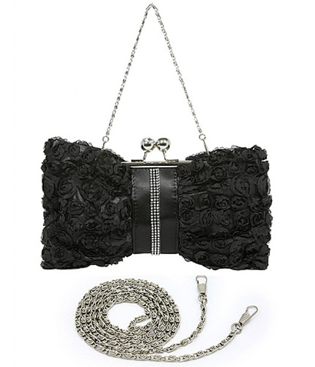 Evening Bag - Rosettes w/ Linear Beads - Black - BG-639F-BK